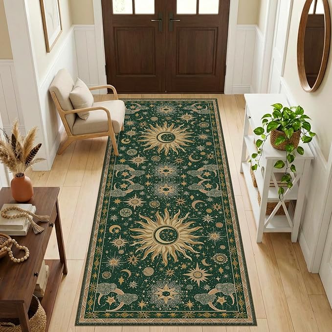 Vacuum-Friendly, 2x6 Washable Area Rug, Green Gold Yellow | Sun and Moon Boho Gothic Non-Slip Low Pile Living Roon Bedroom Dining Room Kitchen Entry Entryway Entrance Hallway Doormat