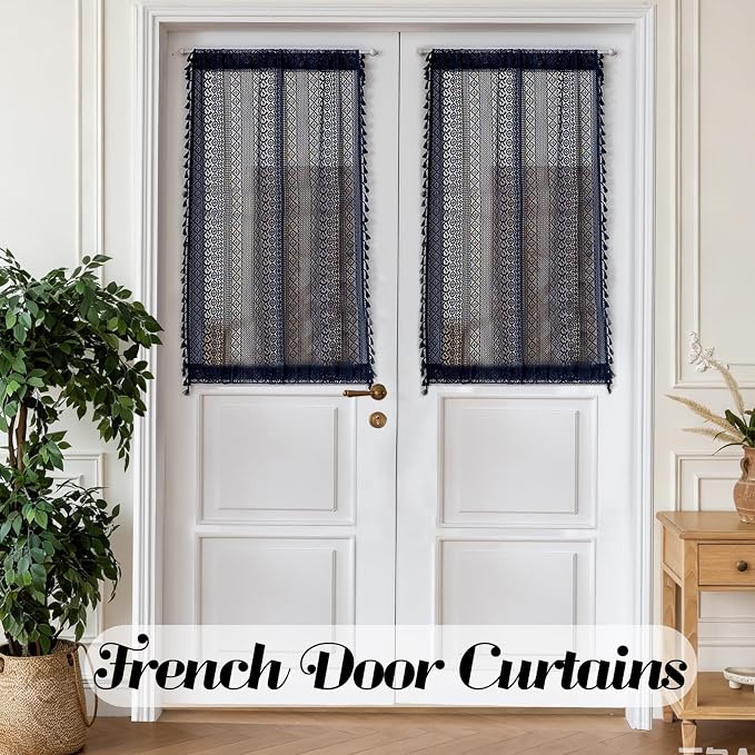 Sutuo Home French Door Curtains Set of 2 for Front Door & Drapery Glass, Boho French Country Style Tassels Vintage Chic Geometric Drapes for Sidelights Patio Decor, Rod Pocket 25" W x 40" L Navy Blue