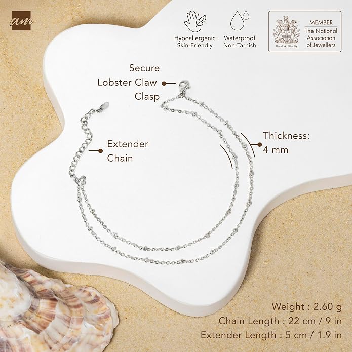 Amberta Silver Gold Waterproof Ankle Bracelets for Women | Boho Layered Anklets for Women | Summer Jewelry, Adjustable Ankle Chain Beaded Rope Heart