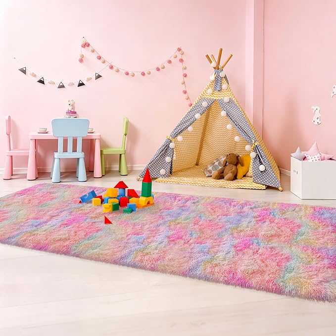 2x10 Feet Tie-Dye Rainbow Unicorn Rug for Girls Bedroom, Soft Fluffy Long Runner Rug for Bedroom, Non-Slip Colorful Carpet Runner for Hallway, Living Room, Kids Room, Dorm, Kawaii Home Decor