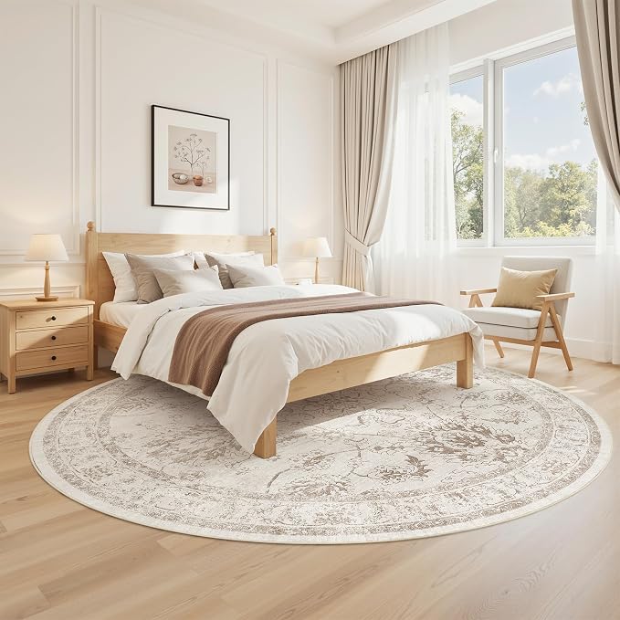 Madane Washable Round Rug 9ft for Living Room, Soft Ultra-Thin Non-Slip Vintage Floral Circle Area Rug, 9x9 Round Throw Carpet for Dining Room Nursery Bedroom Kitchen (Brown/Ivory, 9'Round)