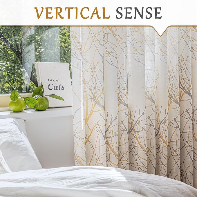FMFUNCTEX Linen Yellow White Semi Sheer Print Curtains 96 Inch 2 Panels | Tree Branch Sheer Patterned Drapes, Light Filtering Grommet Panels for Bedroom, Living Room, Kitchen, and Farmhouse Curtain