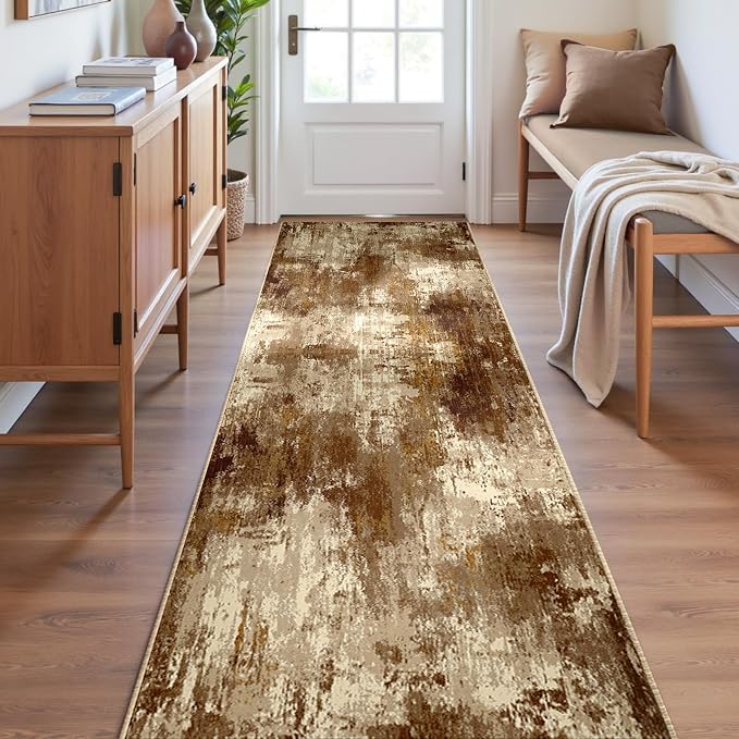 RELEANY Washable Area Rugs 2'x6' Non-Slip Modern Abstract Soft for Living Room Entryway Bedroom Kitchen, Print Pattern, Brown Tan Beige Coffee