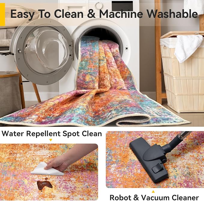 RELEANY Washable Area Rugs 2'x10' Non-Slip Modern Abstract Soft for Living Room Entryway Bedroom Kitchen, Print Pattern, Orange Blue Pink Yellow Colorful