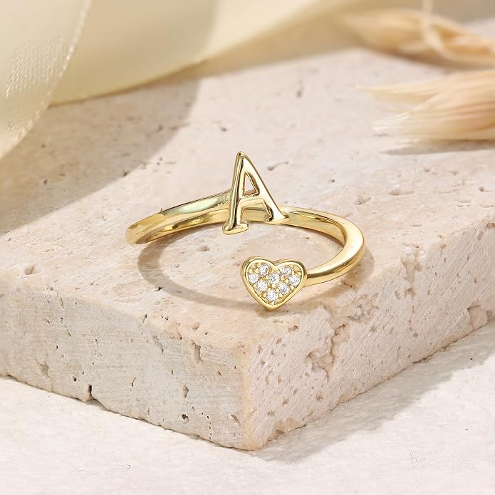 MILACOLATO 925 Sterling Silver Initial Rings for Women Teen Girl 18K Gold Plated Heart Initial Rings Adjustable Capital Letter Ring Stackable Thumb Pinky Rings for Daughter Birthday Bridesmaid Gifts Jewelry, A to Z