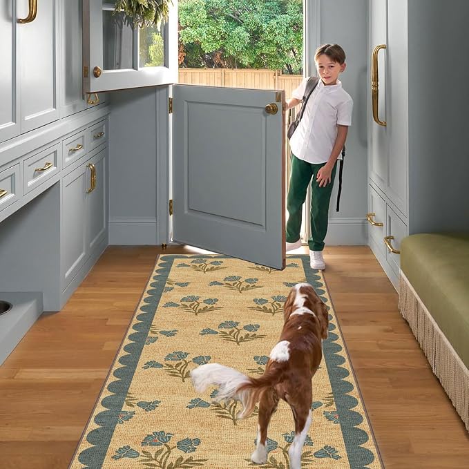 Non Slip Washable Kitchen Runner Rug - 2x8 Long Blue Hallway Runner Rugs Soft Boho Runners for Hallways Jute-Look Floral Scalloped Runner Rug for Bedroom Entryway Mudroom Bathroom Foyer