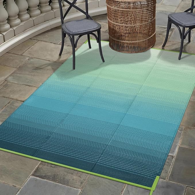 Anidaroel Ombre Outdoor Rug 5x8 for Patios Clearance, Waterproof Plastic Straw Outdoor Area Rug, Camping Rugs for Outside RV, Porch, Balcony, Pool Deck, Picnic, Camper(Blue&Green,5'x8')