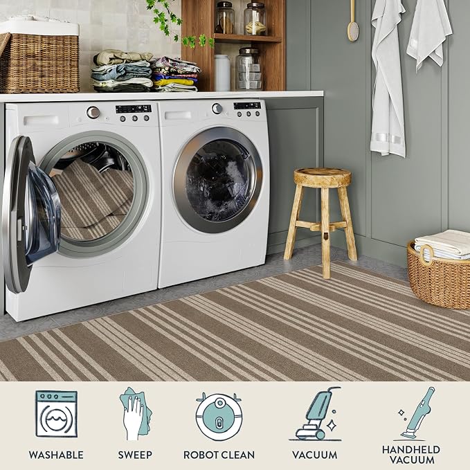 Lahome Striped Easy Jute Kitchen Runner Rug, 2x8 Washable Outdoor Rugs | Non Slip Indoor Entryway Runners, Modern Farmhouse Neutral Non Shedding Carpet for Hallway Porch Foyer Laundry Room, Khaki