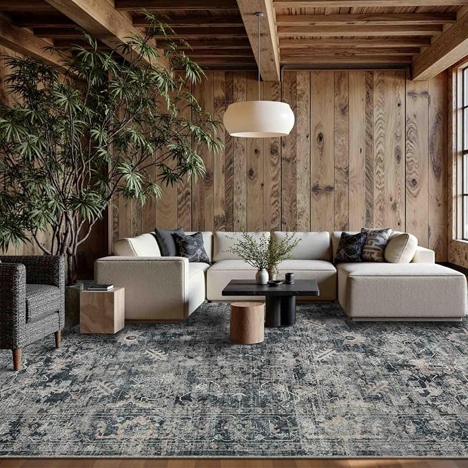 Rugxara Blue 9x12 Area Rugs for Living Room Bedroom Large Washable Rug | Non Slip, Rug for Dining Room Office Farmhouse, Stain Resistant, Soft, Low Pile, Vintage Boho Retro Carpet, Home Decor