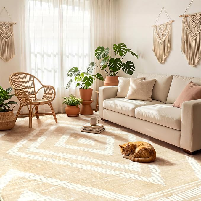 Boho Washable Area Rugs 6x9ft for Living Room, Beige Cream Thin Bedroom Rugs Non Slip, Modern Trellis Soft Kids Nusery Floor Carpets for Dining Room Playroom Home Office Decor