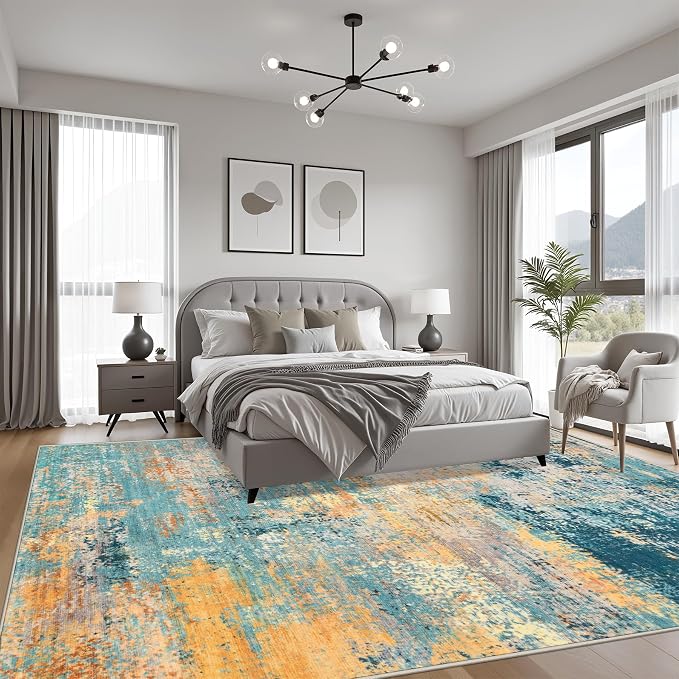 6x9 Area Rug Living Room Rug: Washable Modern Abstract Soft Thin Rug Indoor Floor No Slip Carpet for Bedroom Dining Room Farmhouse Nursery Home Office - Rosy Haze
