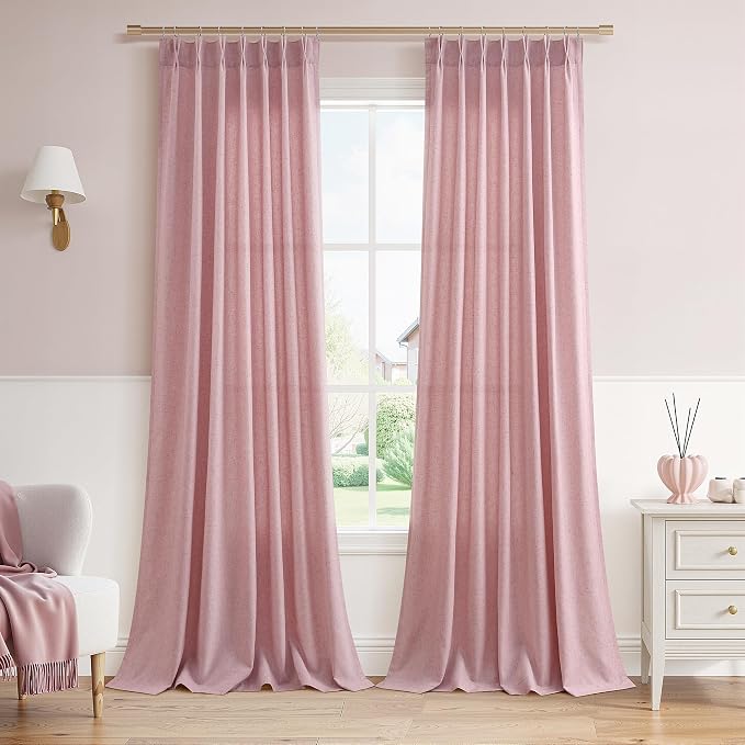 Pink Pinch Pleated Linen Curtains 108 Inches 2 Panels for Living Room Bedroom Kids Room Semi Sheer Windows Treatment Curtain Contemporary Casual Rod Pocket Bedroom Girls Room Home Decor 40x108 9 FT