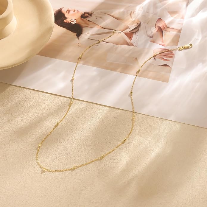 Carffordo 925 Sterling Silver Chain Necklace 16K Gold Plated Beaded Chain Necklace for Women Simple Dainty Choker Necklace Satellite Waterproof Link Necklace Trendy Jewelry Gifts
