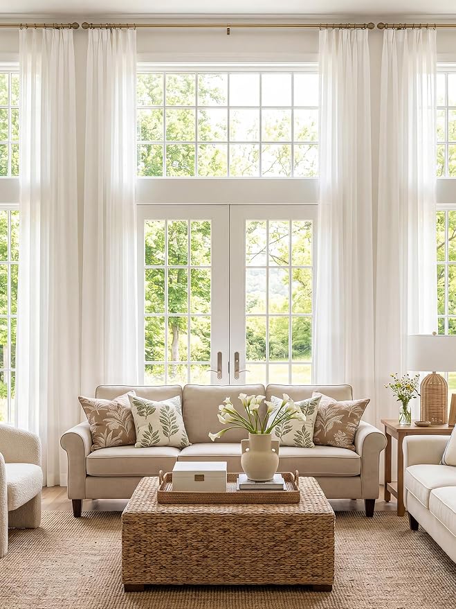 THREE GIRLS Liz Pinch Pleated Linen Curtains for Living Room, Light Filtering Curtains 108 Inches Long, Farmhouse Window Curtains for Bedroom, Modern Drapes with Hooks and Rings, White, 2 Panels Set