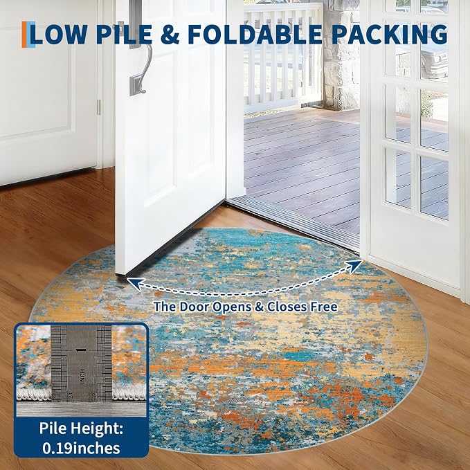 ROYHOME Modern Abstract 8x8 Round Area Rug Non Slip Non Shedding Rug Low Pile Stain Resistant for Bedroom Living Room Office Dining Room,Multi Color