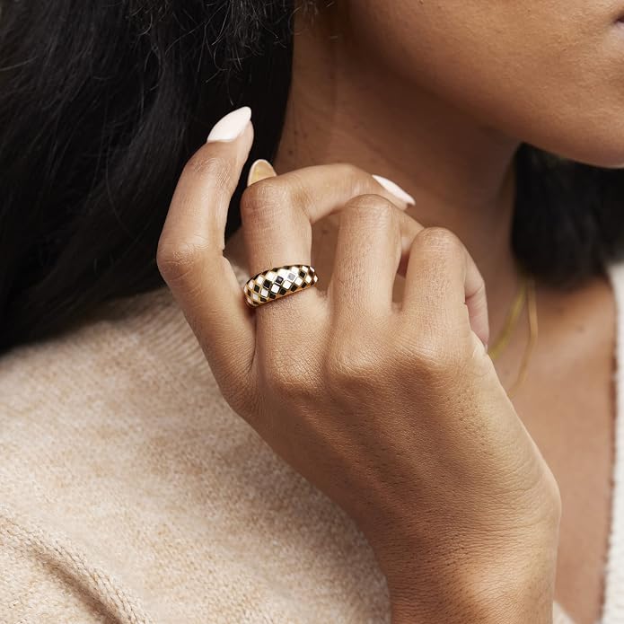 Shapes Studio 18K Gold Plated Titanium Checker Dome Ring. Vintage Styled Women Checkered Ring, Stackable Ring