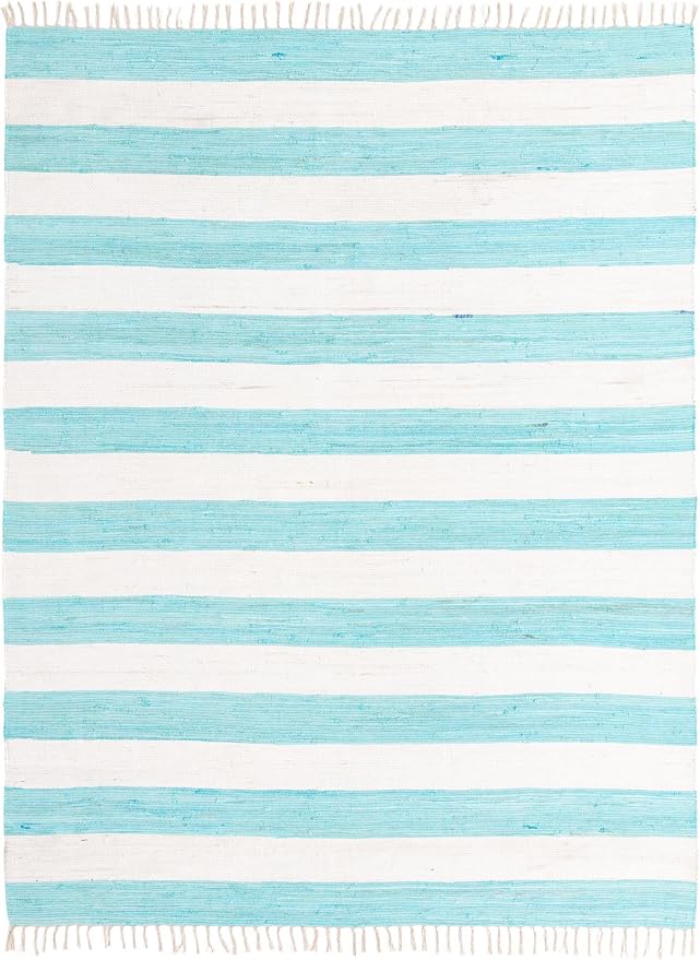 Unique Loom Chindi Rag Collection Area Rug - Striped (9' x 12' 2" Rectangle, Turquoise and Ivory)