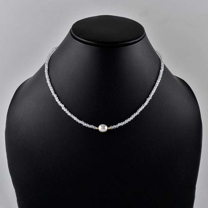 InfinityGemsArt Gemstone Gold Necklace For Women, Birthstone Natural Crystal Stone With Freshwater Pearl Beaded Jewelry, Gold Plated 18 Inch Chain