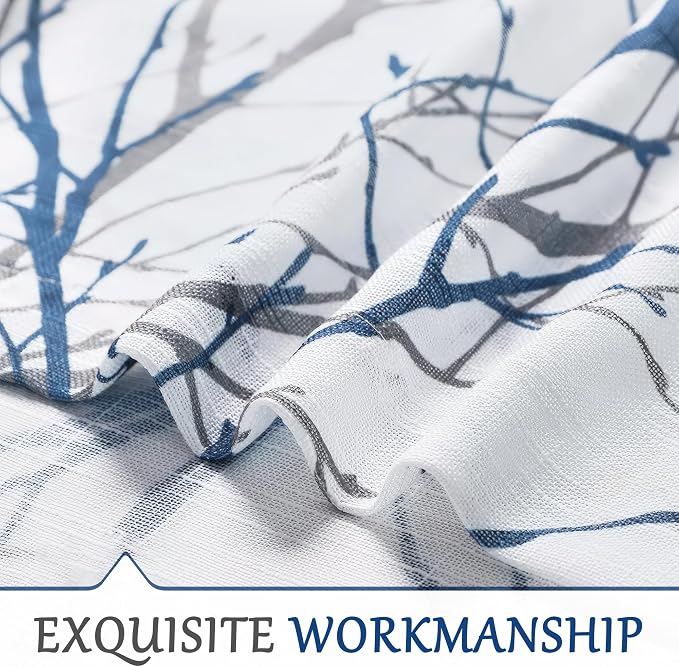 FMFUNCTEX Linen Blue White Semi Sheer Print Curtains 120 Inch Long 2 Panels | Extra Long Sheer Branch Patterned Drapes, Light Filtering Grommet Panels for Tall Bedroom, Living Room, and Farmhouse Windows