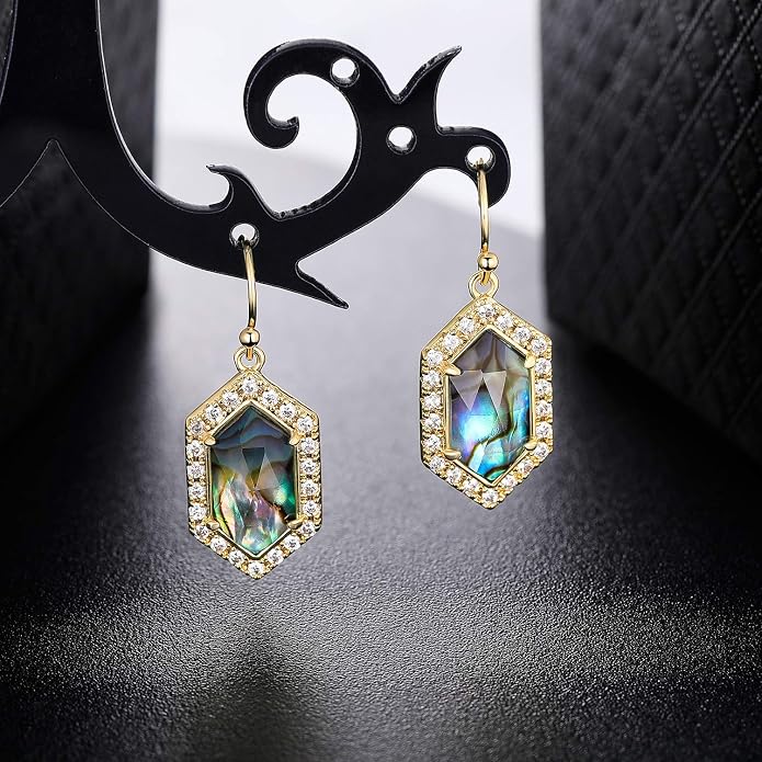 Natural Abalone Dangle Earrings with Halo CZ Leverback Earrings for Women Hypoallergenic Fashion Jewelry