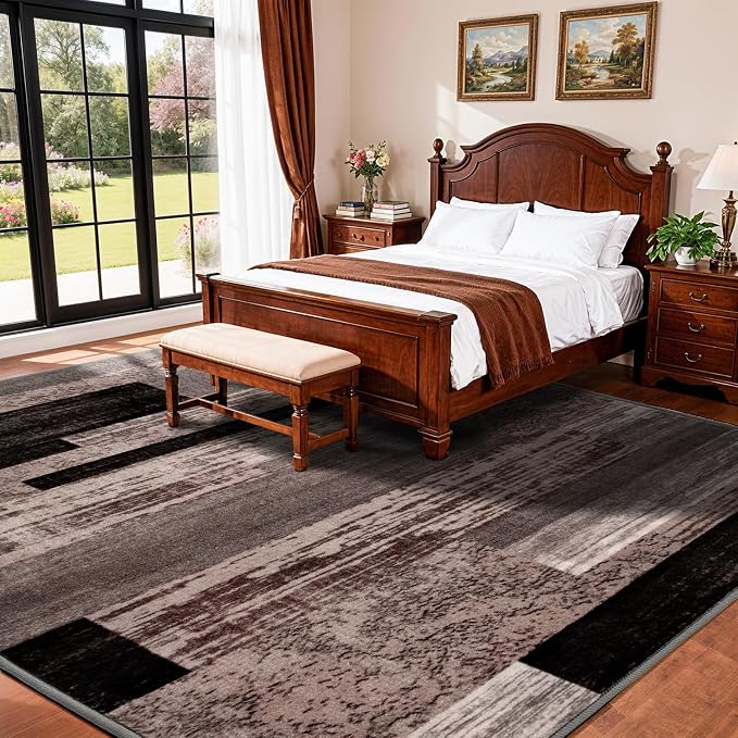 LIANLAM 6x9 Washable Area Rugs for Living Room and Bedroom(6x9,Black&Gray) | Non-Slip Large Carpet,Vintage Checkered Pattern, Stain Resistant Faux Wool Low Pile Soft Rug for Dining Room,Office,Nursery