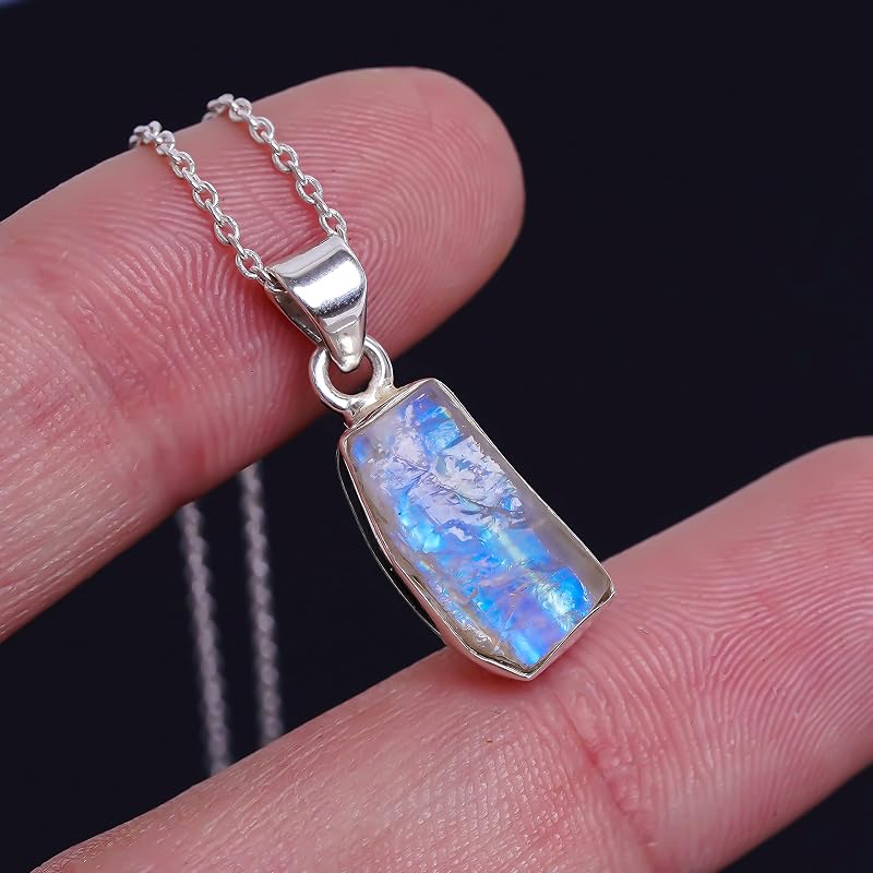 Natural Real Raw Rainbow Moonstone Crystals Bezel Pendant Necklace, Healing Rough Gemstone, 925 Sterling Silver Jewelry 18 inch