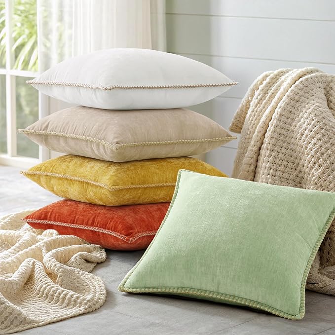 decorUhome Soft Chenille Throw Pillow Covers 12x12 Set of 2 Beige | Fall Textured Decorative Throw Pillow Cases Stitched Edge Modern Farmhouse Luxury Boho Velvet for Couch Sofa Bed Home Decor