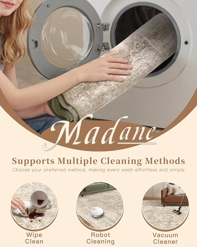 Madane Washable Round Rug 9ft for Living Room, Soft Ultra-Thin Non-Slip Vintage Floral Circle Area Rug, 9x9 Round Throw Carpet for Dining Room Nursery Bedroom Kitchen (Beige/Brown, 9'Round)