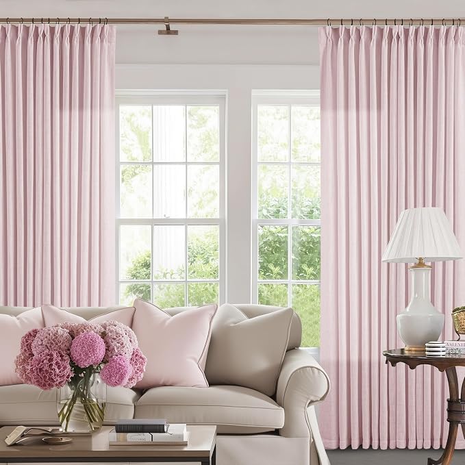 Light Pink Linen Pinch Pleat Curtains 102 Inch Length 2 Panels Set 40x102 | for Nursery Girls Bedroom Living Room, Pinch Pleat Memory Shape Trained, Light Filtering Privacy Semi Sheer, Baby Pink Blush
