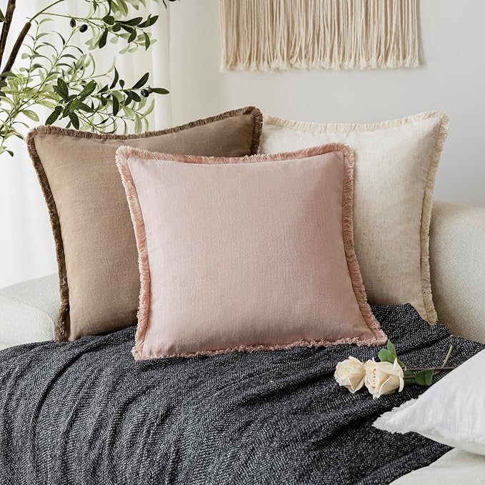 Foindtower Set of 2 Decorative Linen Fringe Throw Pillow Covers Cozy Boho Farmhouse Cushion Cover with Tassels Soft Accent Pillowcase for Couch Sofa Bed Living Room Home Decor,26×26 Inch,Light Pink