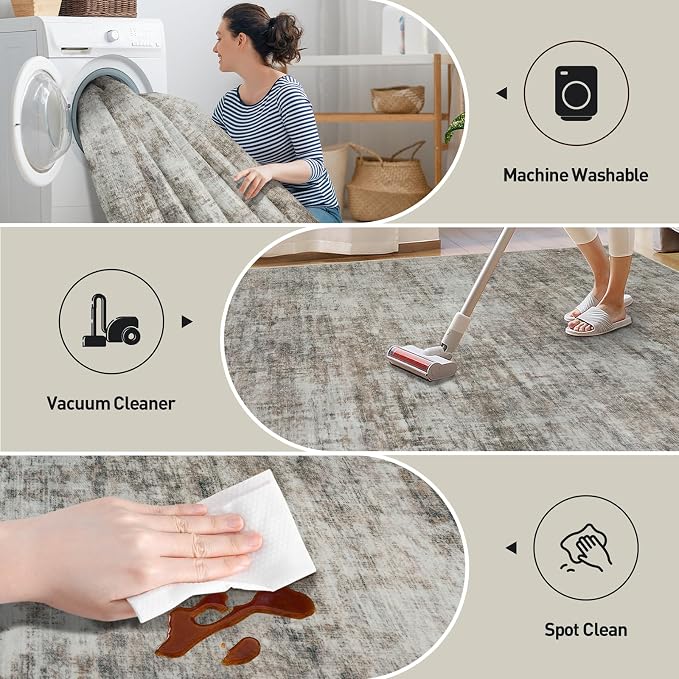 4x6 Area Rugs Washable Rug: Modern Abstract Living Room Rug Soft Anti-Skid Thin Carpet Indoor Floor Non-Shedding Carpets for Bedroom Dining Room Farmhouse Nursery Home Office Brown Black