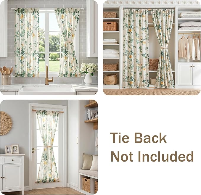 MYSKY HOME Floral Linen Door Curtains Green Farmhouse Privacy Door Window Curtains Semi Sheer Doorway Light Filtering Rod Pocket Curtain Patio Glass Door, 26 x 40 inches Long, 2 Panels