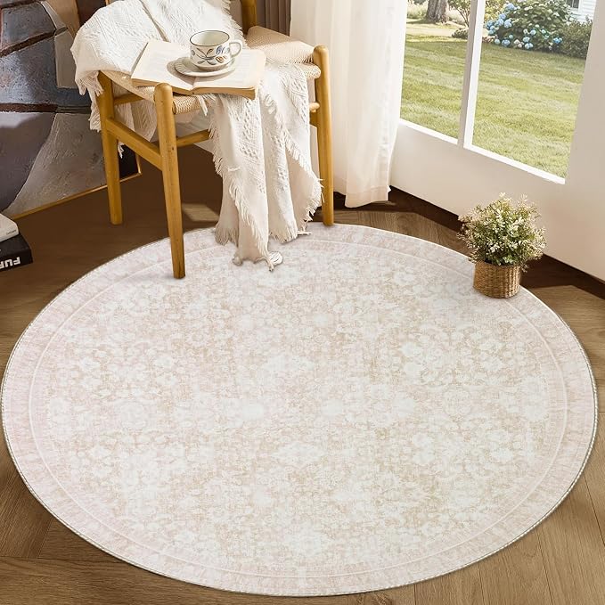 Sasttie Round Rug 4ft, Ultra-Soft Washable Circle Rug, Low Pile Foldable Thin Carpets with Non-Slip Backing, Skin-Friendly Stain Resistant Carpet for Living Room, Bedroom, Kitchen, Dorm, 4ft, Cream