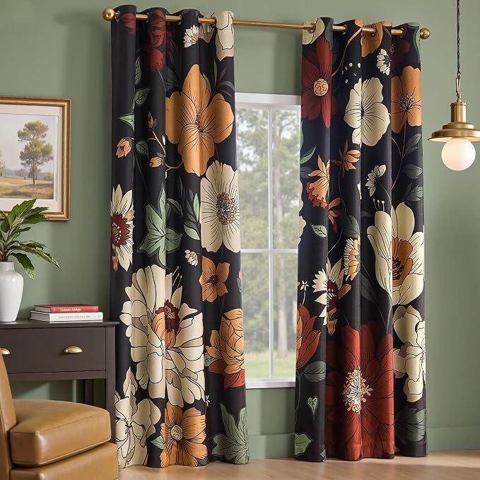 jinchan Black Boho Floral Blackout Curtains 96 Inch Grommet 2 Panels | Room darkening, Vintage, living room, bedroom, privacy, floral print, flower pattern, fall decor, window treatments