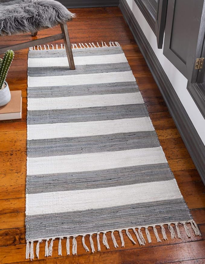 Unique Loom Chindi Rag Collection Area Rug - Striped (2' 7" x 6' 1" Runner, Gray/ Ivory)
