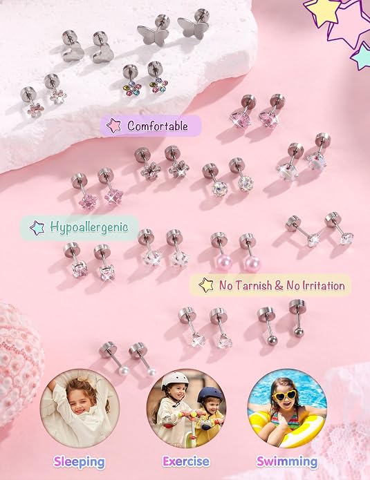 CASSIECA 16 Pairs Hypoallergenic Screw Back Earrings for Women Girls 316L Stainless Steel CZ Ball Heart Flower Screwback Flat Back Stud Earrings Jewelry Gift Women Multicolored Pink