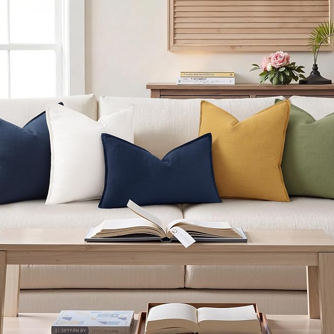 decorUhome Fall Navy Blue Linen Throw Pillow Covers 12x20 Set of 2 | Decorative Soft Cozy Modern Farmhouse Boho Accent Pillow Cases with Flange Edges for Couch Bed Sofa Living Room Home Decor