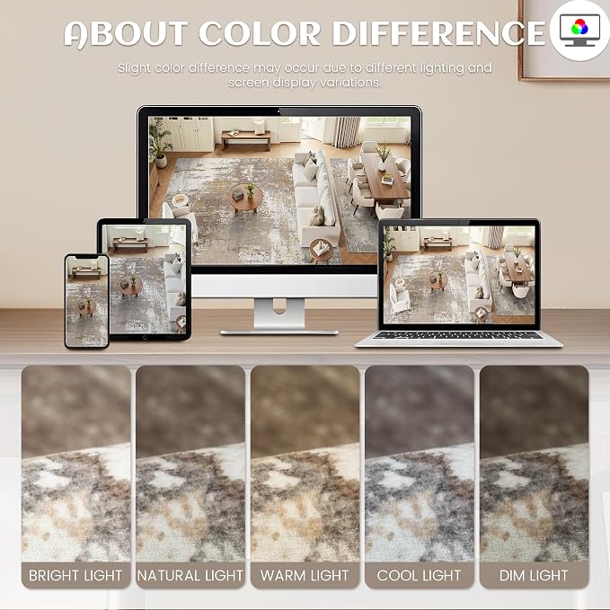8x10 Rugs for Living Room - Modern Abstract Washable Rug, Ultra Soft Non Slip Low Pile Large Rugs, Floor Carpet for Bedroom Dining Room Office Laundry Nursery Home（Taupe）