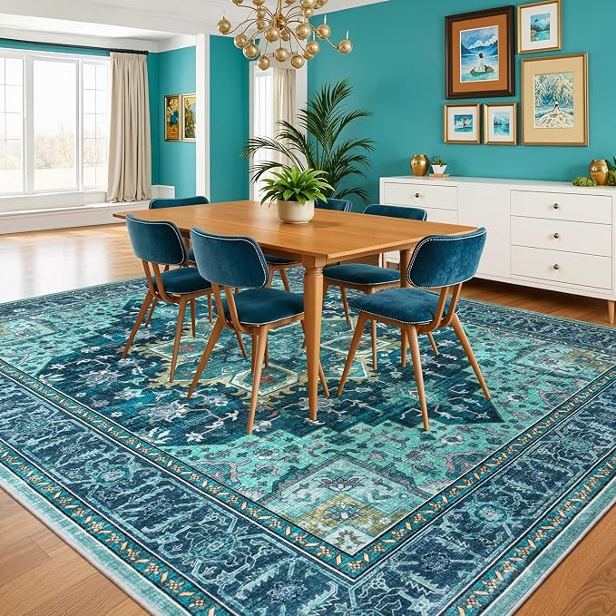 8x10 Turquoise Large Area Rugs for Living Room - Boho Teal Green Medallion Aesthetic Distressed Washable Rug, Soft Non-Slip Backing Low Pile Carpet for Dining Under Table, Bedroom, Office