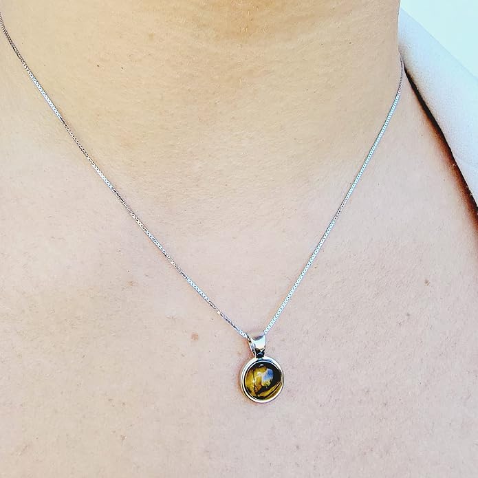 Natural gemstone 8mm round pendant with white gold over 925 sterling silver bezel cabochon plate and box chain, real genuine dainty birthstone gift for her, uniquelan jewelry