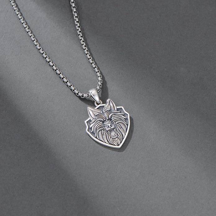 SIMONLY Eagle/Wolf/Skull Necklace for Men 925 Sterling Silver Shield Fish Hook Pendant Amulet Necklace Viking Shield Jewelry Christmas Gifts for Him