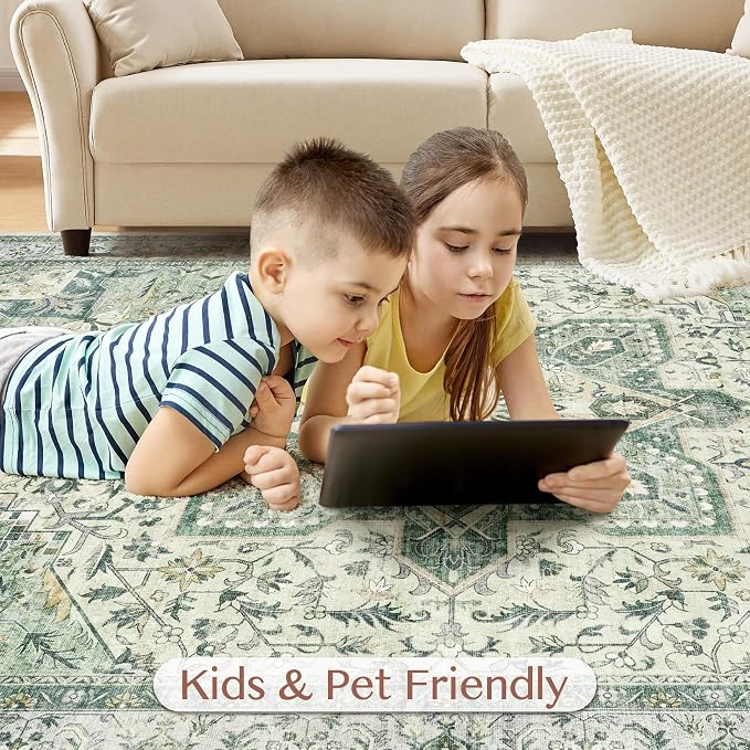 Tortania Area Rug Living Room Rugs - 9x12 Washable Boho Rug Vintage Oriental Distressed Farmhouse Large Thin Indoor Carpet for Living Room Bedroom Under Dining Table Home Office - Green