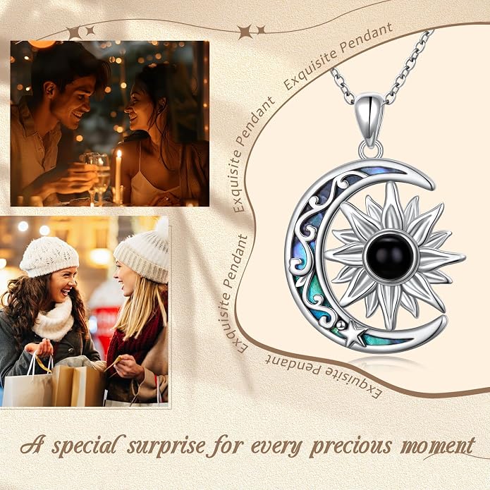 925 Sterling Silver Sun and Moon Necklace Abalone Shell Crescent Moon Sun Pendant Necklace Gemstone Jewelry Birthday Gifts for Women