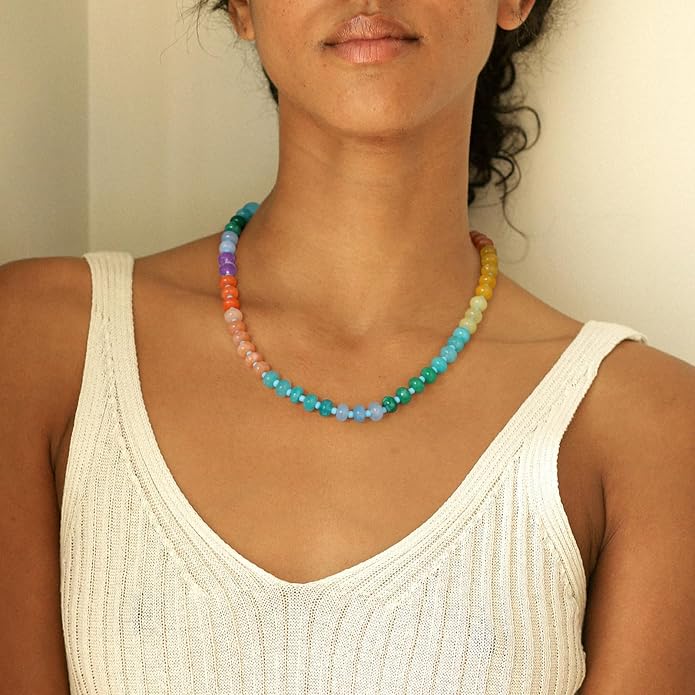 KELORIS PATH Beaded Gemstone Necklaces for Women, Boho Colorful Bead Choker Necklace, Natural Stone Handmade Summer Jewelry for Beach