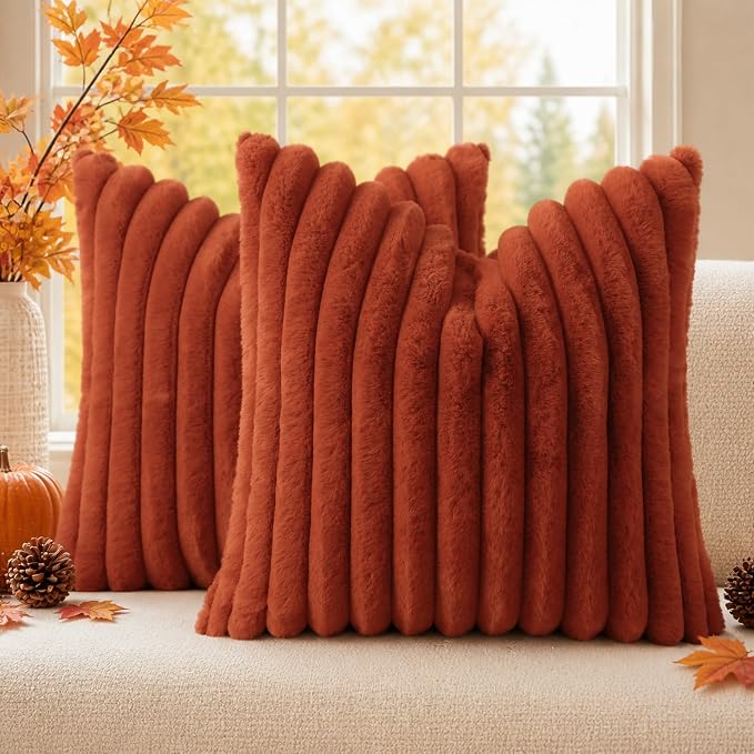 decorUhome Fall Faux Fur Throw Pillow Covers 24x24 Set of 2 Rust | Decorative Soft Cozy Striped Plush Modern Farmhouse Boho Couch Pillow Cases Velvet Back for Sofa Bed Living Room Home Decor