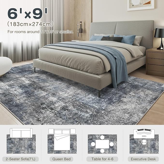 Abstract 6x9 Area Rug: Machine Washable Non Slip Ultra Thin Low-Pile Carpet, Soft Stain Resistant for Living Room Bedroom Nursery, Kid Pet Friendly, Robot Vacuum Compatible - Dark Grey/Blue