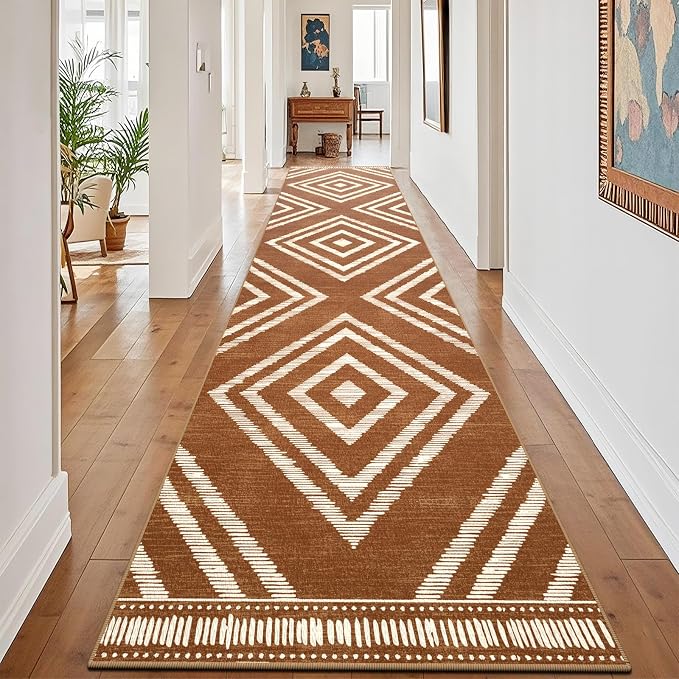 Boho Hallway Runner Rugs 2.6x14ft Non Slip, Long Brown Washable Entryway Rug Runners Non Shedding, Geometric Kitchen Floor Carpets for Doorway Entrance Farmhouse Living Room Home Decor