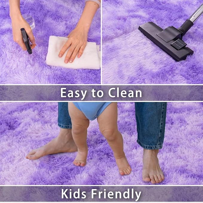 Dssimo 9x12 Area Rugs for Living Room, Purple Tie-Dyed Plush Fluffy Carpet | Upgrade Non-Slip Thick Large Plush Shag Rugs for Nursery Kids Room Dorm Room Home Decor, Indoor Plush Floor Carpet