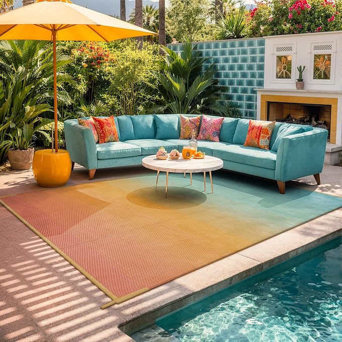Lahome Extra Large Outdoor Rug 8x10 Patio Waterproof,Reversible Camping Rugs Plastic Straw Rv Mats for Outside Under Awning,Portable Lightweight Carpet for Backyard, Blue-Orange 8x10