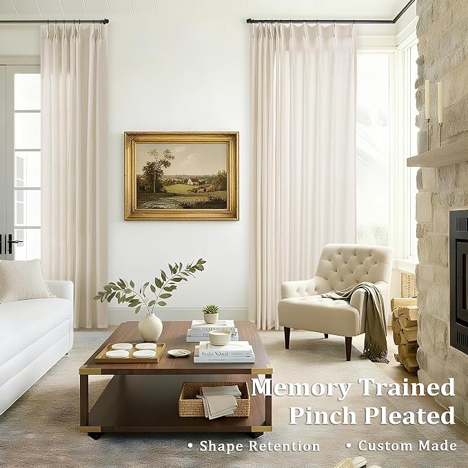 Cream Beige Pinch Pleated Linen Curtains 84 Inches Long Semi Sheer | Light Filtering, Boho Farmhouse Curtain, for Living Dining Room Bedroom, Flax Pleat Drapes, Hooks Rings, Back Tab, Sand